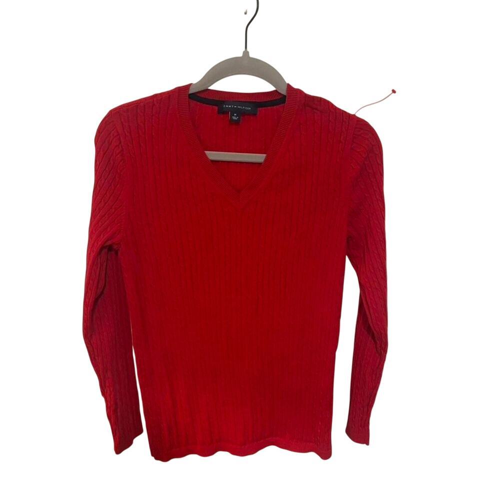 Tommy Hilfiger Red Cable Knit V-Neck Sweater Women’s Medium Classic Cotton - Picture 2 of 8